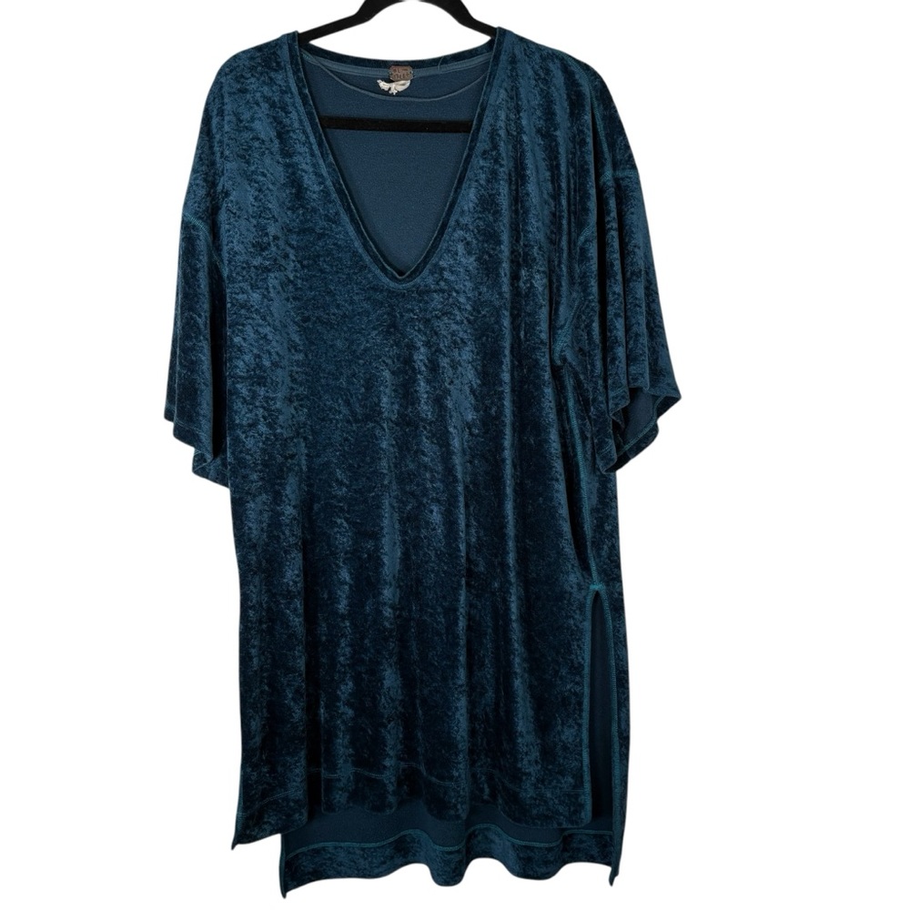 We The Free Womens Medium Teal Velvet V Neck Tunic Velour Oversized Shirt Top
